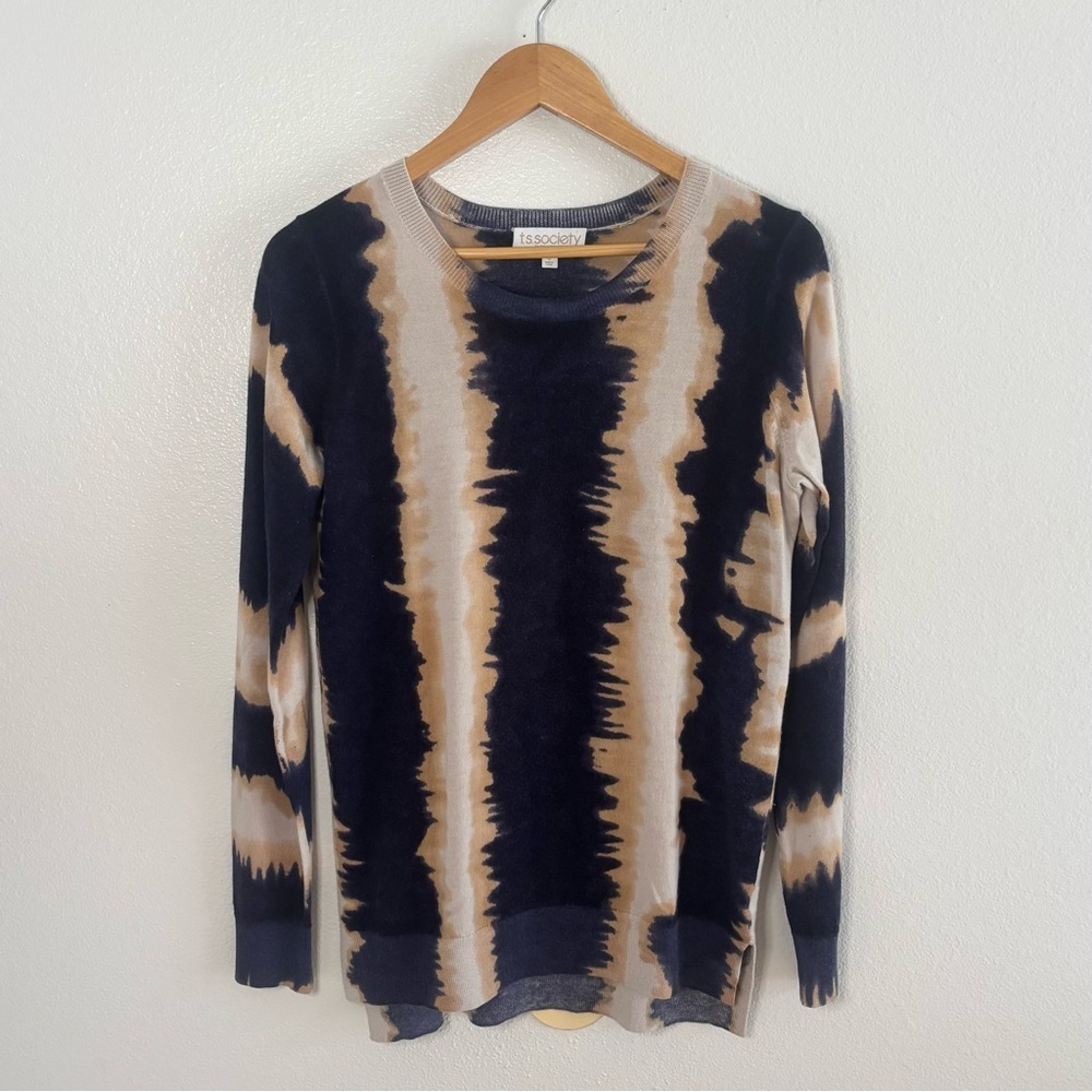 T.S. Society 100% Merino Wool Artsy Tie Dye Grunge Sweater Navy +Tan Size M